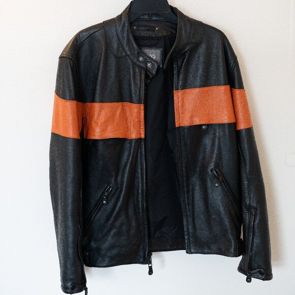 Wilsons Leather Moto Racer Jacket Black Orange Harley Stripe Insulated L - Picture 1 of 5